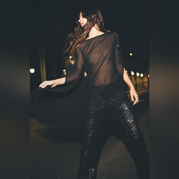 NWT ZARA FLARED SEQUIN LEGGINGS - Picture 4 of 15